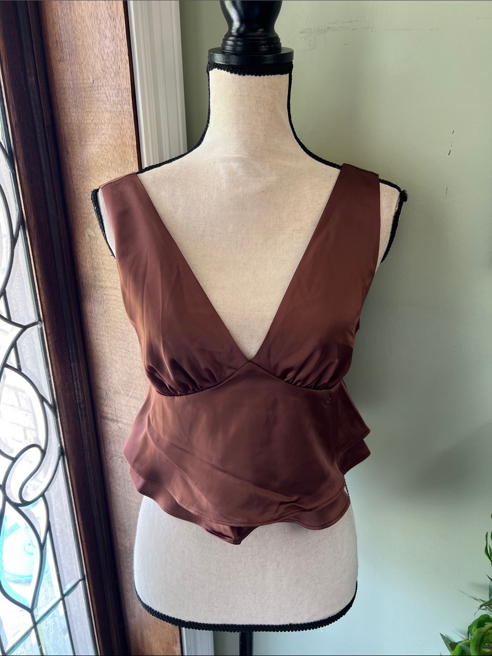 Satin Brown V-Neck Peplum Camisole